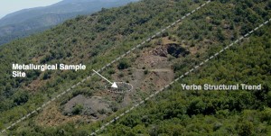 Photograph of the central portion of the Yerba Project Area and the historic Yerba Mine and Mullock Dump